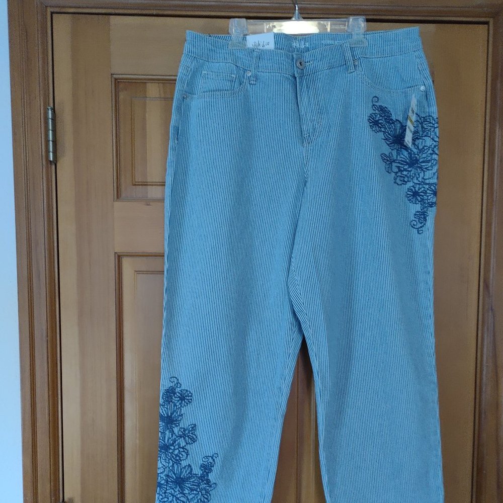 Style & Co, Women's Mid-rise Embroidered Boyfriend Jeans, Sedona Stripe, 14